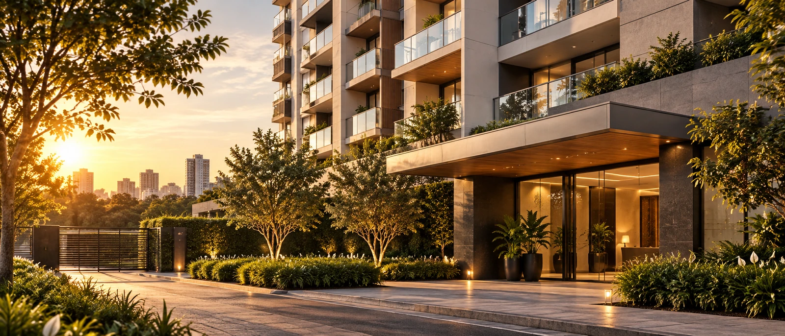 Edifício residencial em meio a jardins